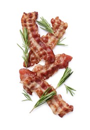 Photo of Slices of tasty fried bacon with rosemary isolated on white, top view