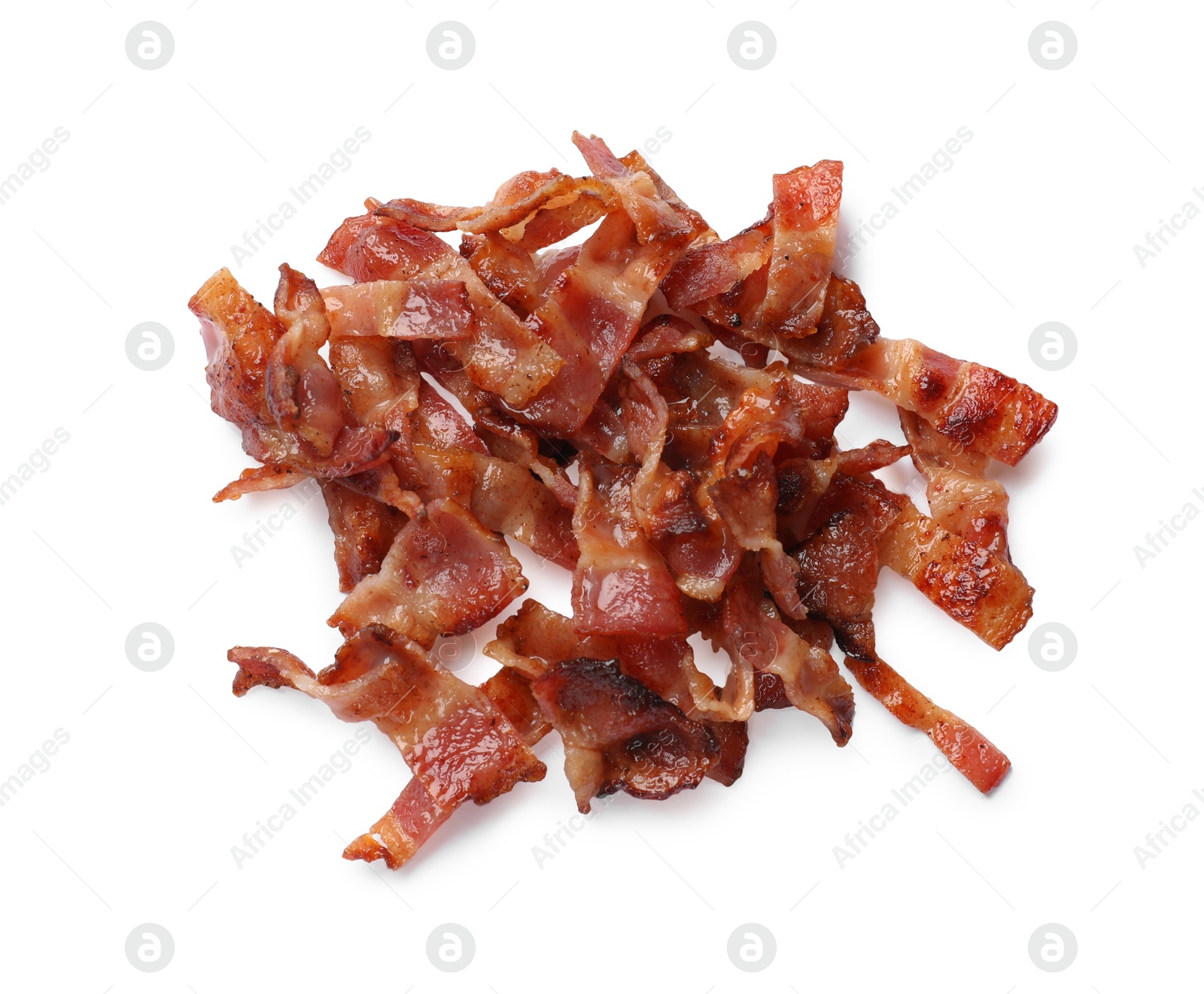 Photo of Slices of tasty fried bacon isolated on white, top view