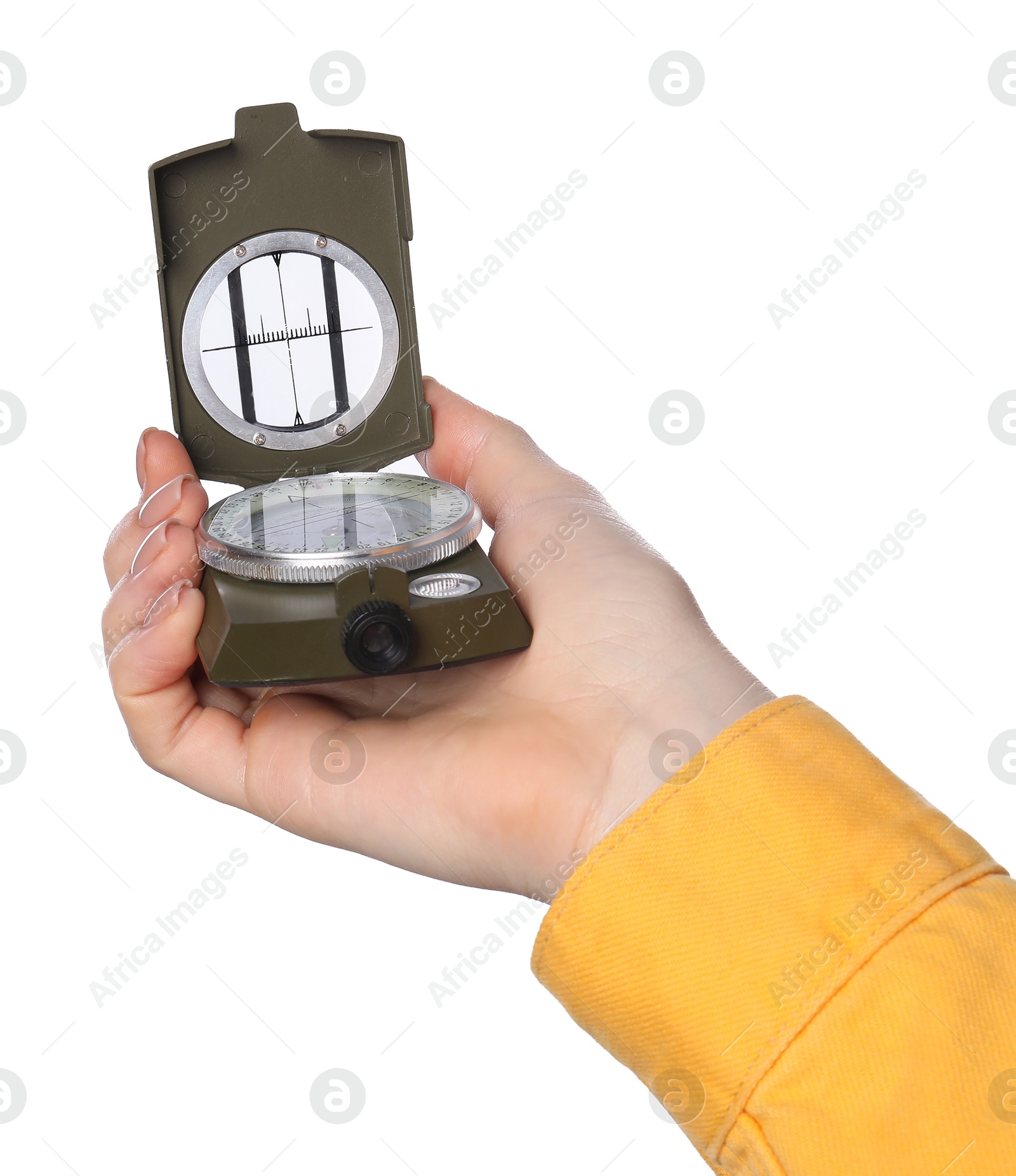 Photo of Woman holding compass on white background, closeup