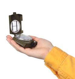 Photo of Woman holding compass on white background, closeup