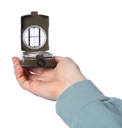 Photo of Woman holding compass on white background, closeup