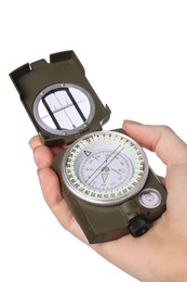 Photo of Woman holding compass on white background, closeup