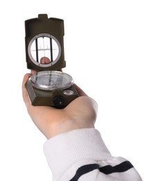 Photo of Woman holding compass on white background, closeup