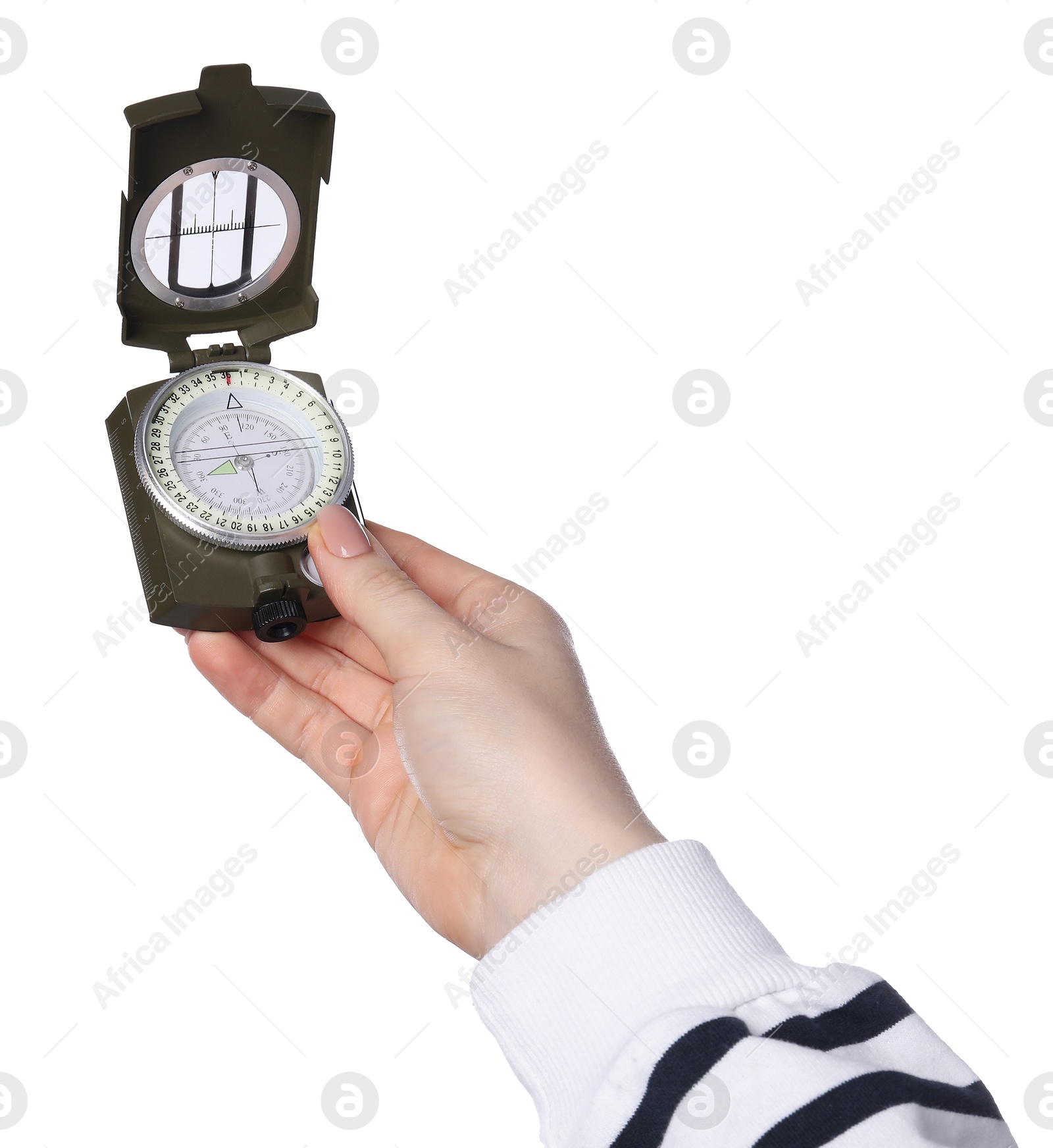 Photo of Woman holding compass on white background, closeup