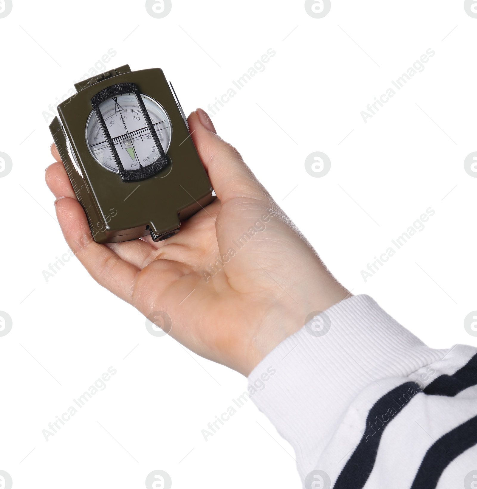 Photo of Woman holding compass on white background, closeup