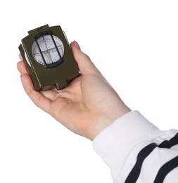 Photo of Woman holding compass on white background, closeup