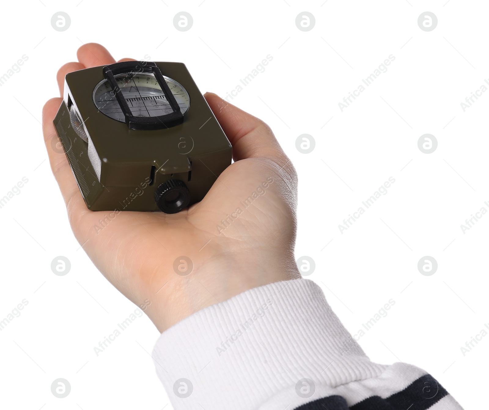 Photo of Woman holding compass on white background, closeup