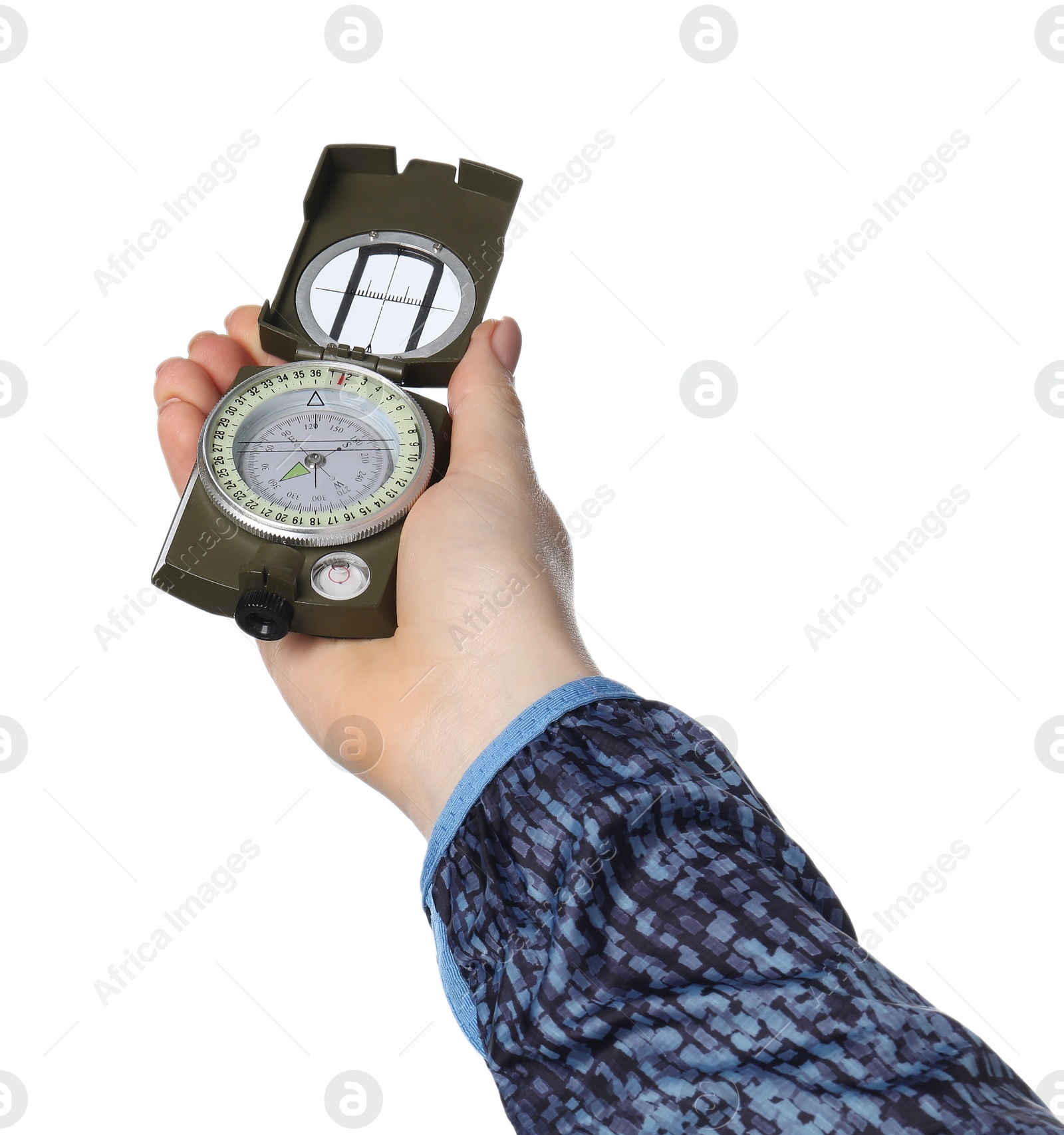 Photo of Woman holding compass on white background, closeup