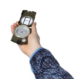 Photo of Woman holding compass on white background, closeup