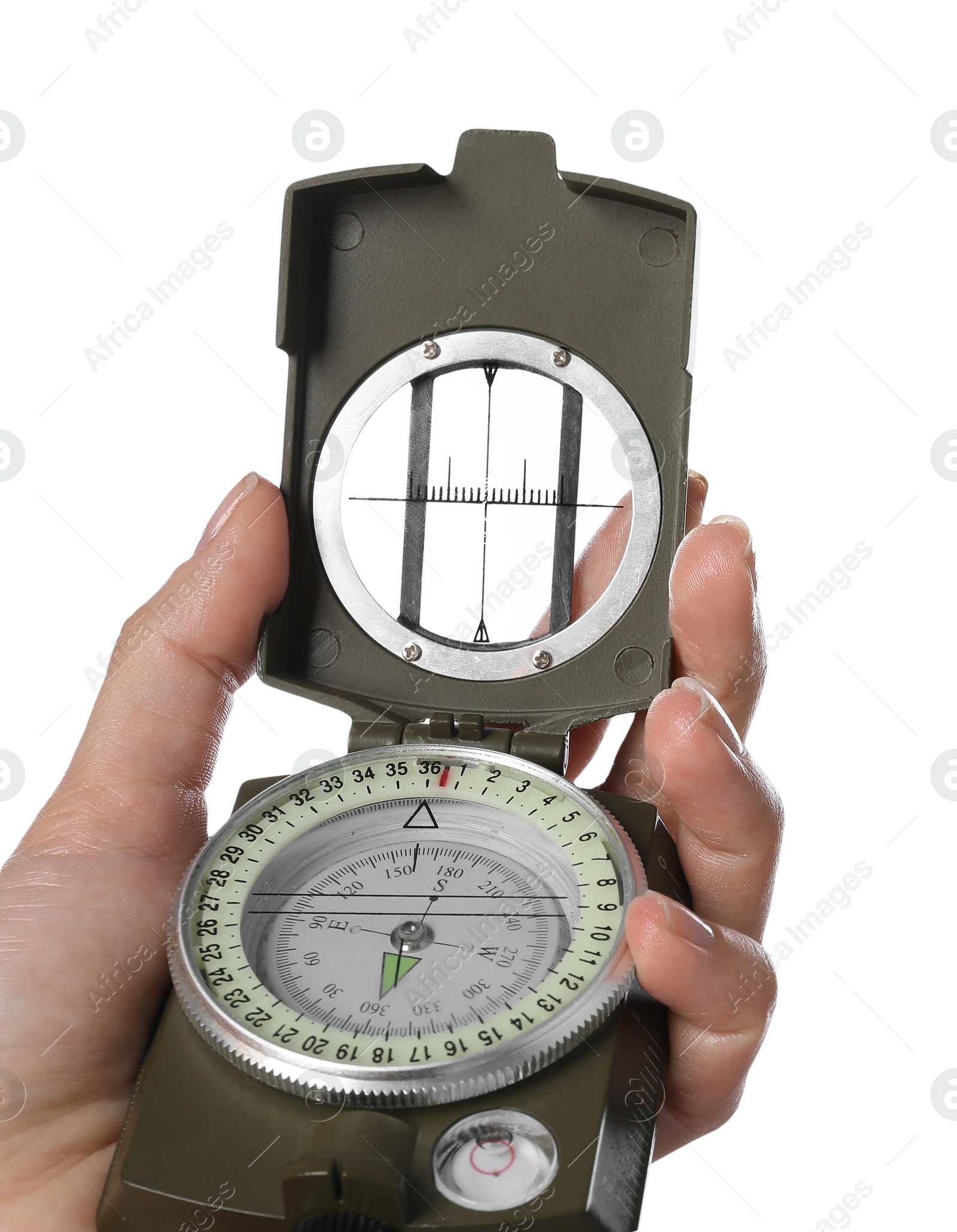 Photo of Woman holding compass on white background, closeup