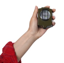 Photo of Woman holding compass on white background, closeup