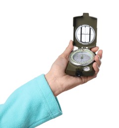 Photo of Woman holding compass on white background, closeup