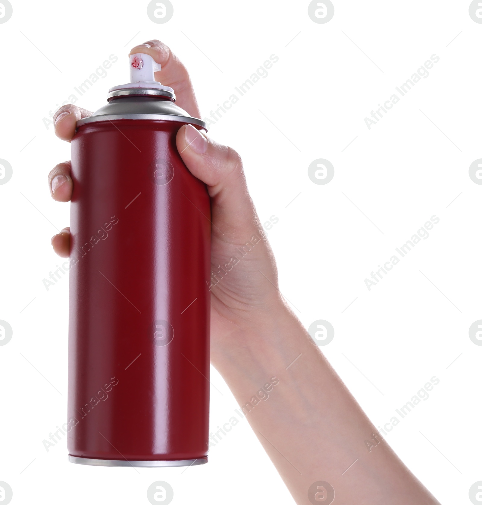 Photo of Man with can of spray paint on white background, closeup