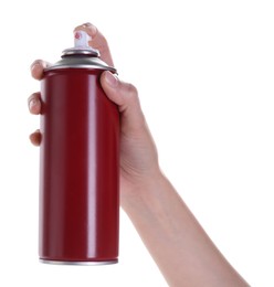 Photo of Man with can of spray paint on white background, closeup