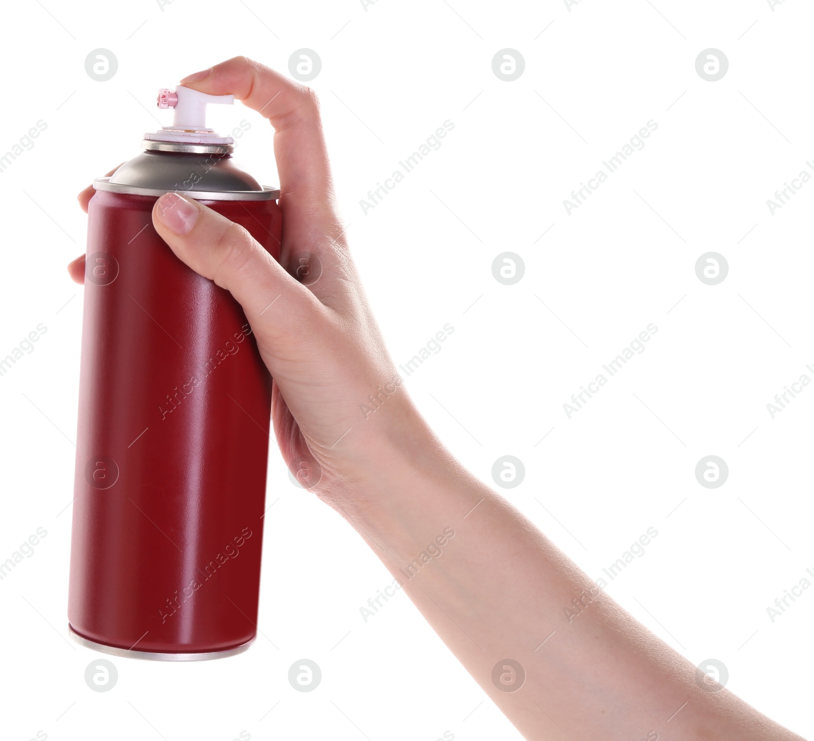 Photo of Man with can of spray paint on white background, closeup