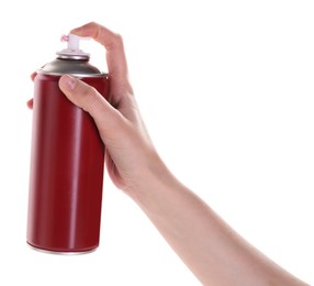 Photo of Man with can of spray paint on white background, closeup