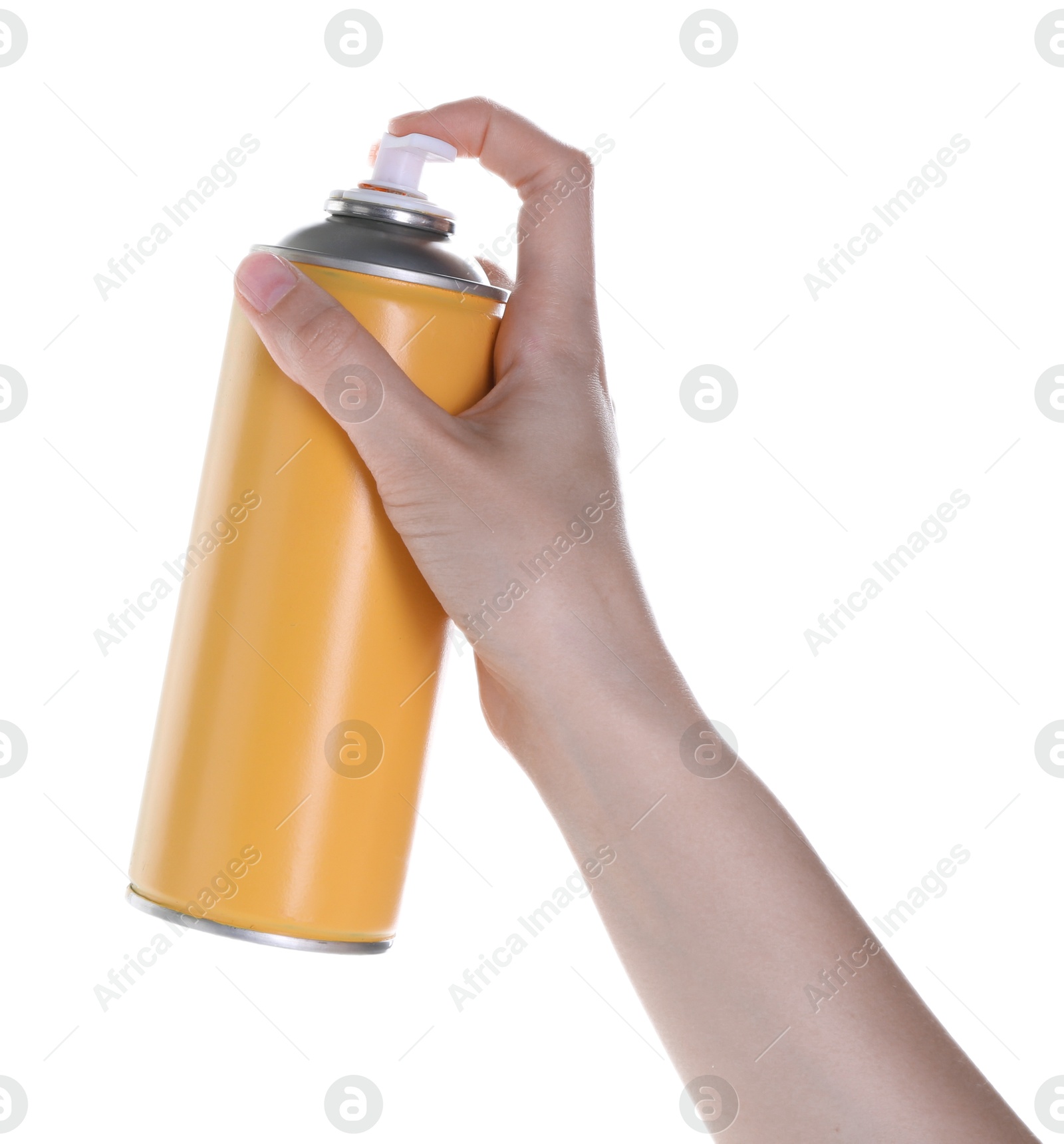 Photo of Man with can of spray paint on white background, closeup