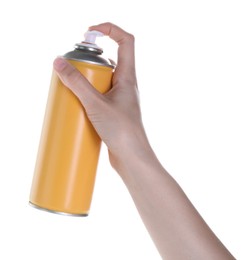 Photo of Man with can of spray paint on white background, closeup