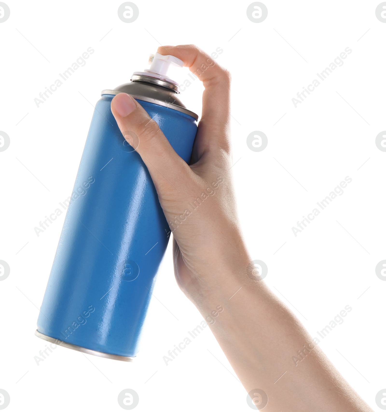 Photo of Man with can of spray paint on white background, closeup