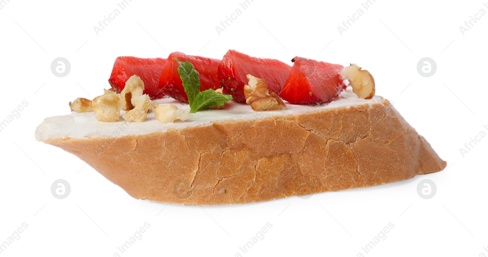 Photo of Delicious bruschetta with ricotta cheese, mint, walnuts and strawberries isolated on white