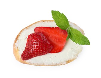 Photo of Delicious bruschetta with ricotta cheese, mint and strawberries isolated on white, top view