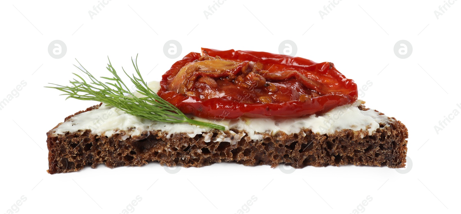 Photo of Delicious bruschetta with ricotta cheese, sun dried tomato and dill isolated on white