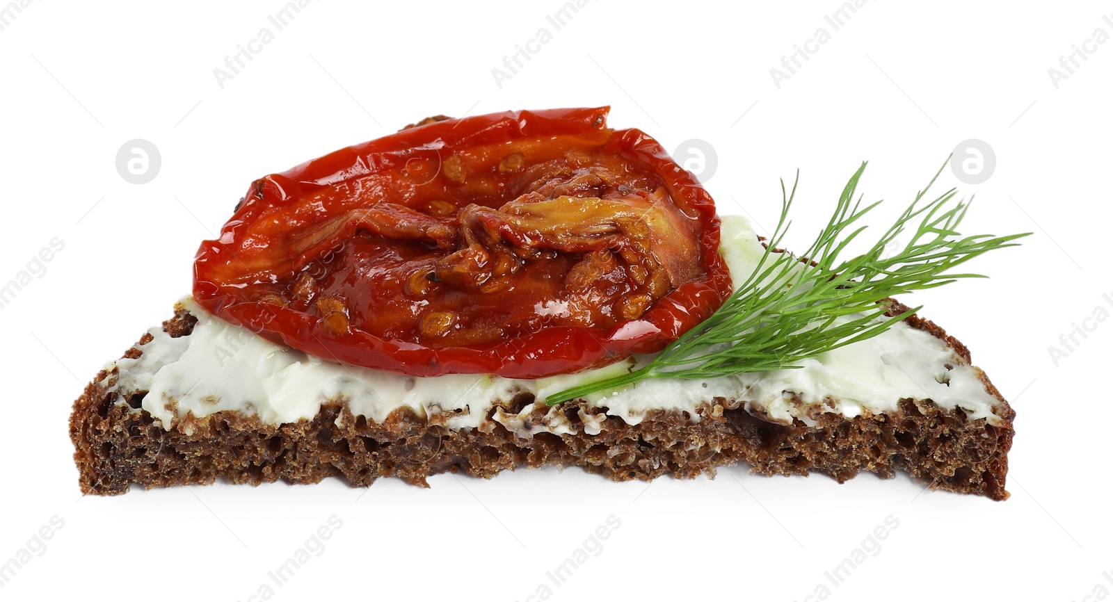 Photo of Delicious bruschetta with ricotta cheese, sun dried tomato and dill isolated on white