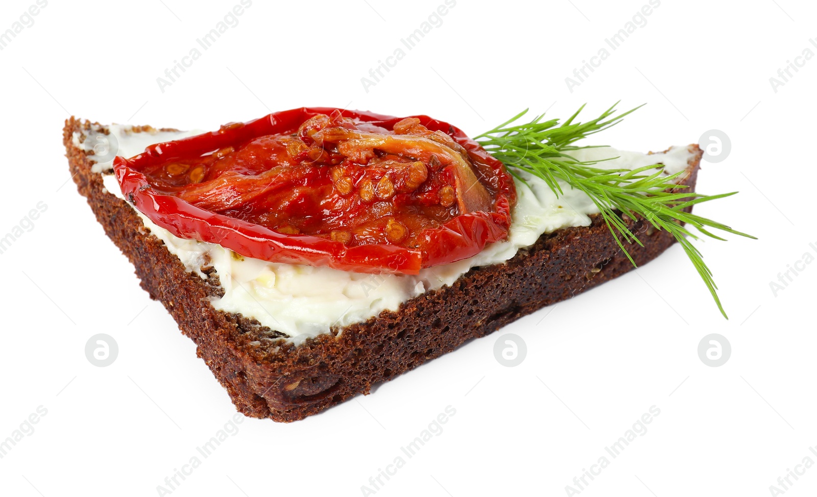 Photo of Delicious bruschetta with ricotta cheese, sun dried tomato and dill isolated on white