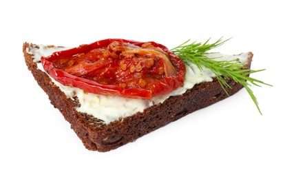 Delicious bruschetta with ricotta cheese, sun dried tomato and dill isolated on white