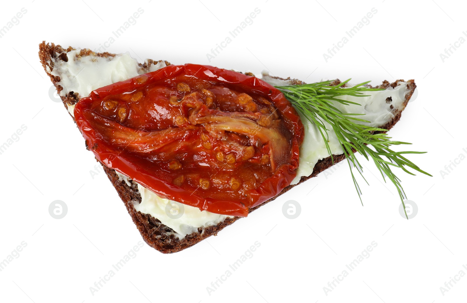 Photo of Delicious bruschetta with ricotta cheese, sun dried tomato and dill isolated on white, top view
