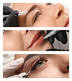 Image of Young woman getting permanent makeup on lips, eyes and eyebrows in beauty salon, collage