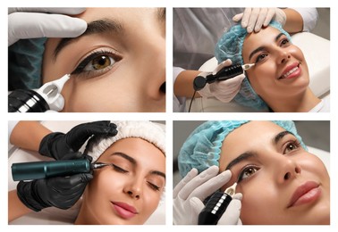 Image of Young woman getting permanent makeup on eyes in beauty salon, collage