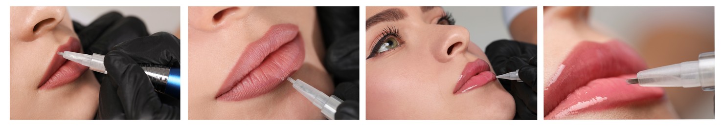 Image of Young woman getting permanent makeup on lips in beauty salon, collage