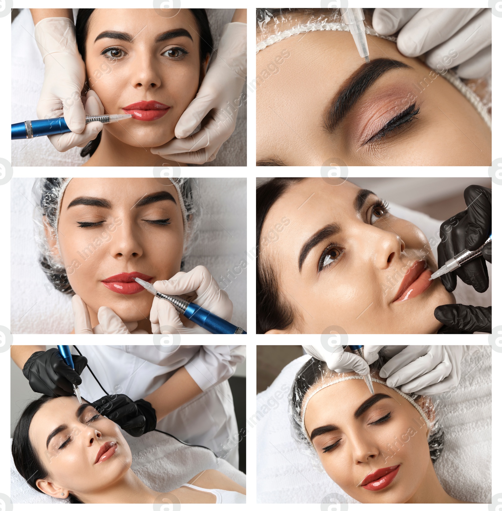 Image of Young woman getting permanent makeup on lips and eyebrows in beauty salon, collage
