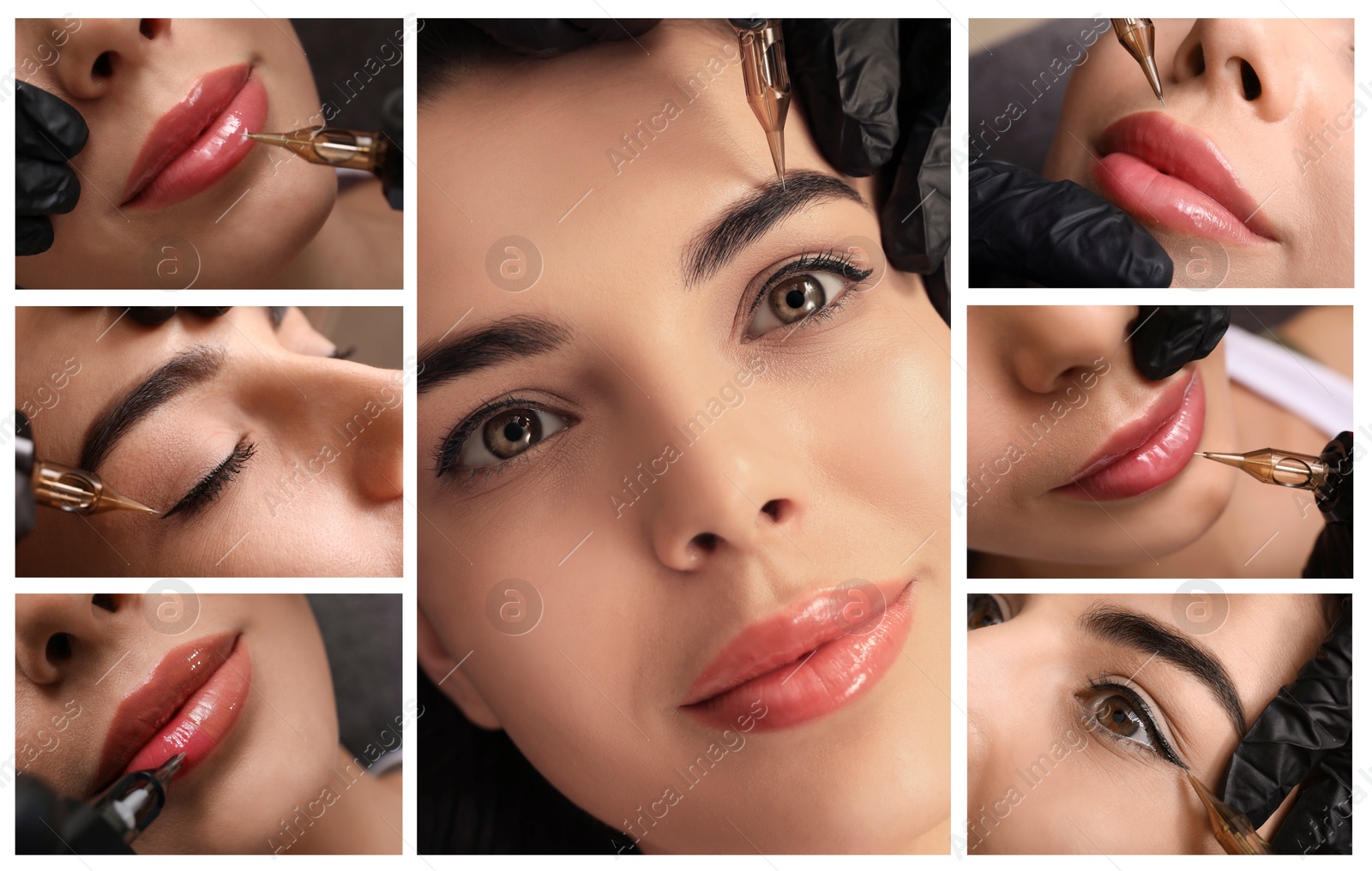 Image of Young woman getting permanent makeup on lips, eyes and eyebrows in beauty salon, collage