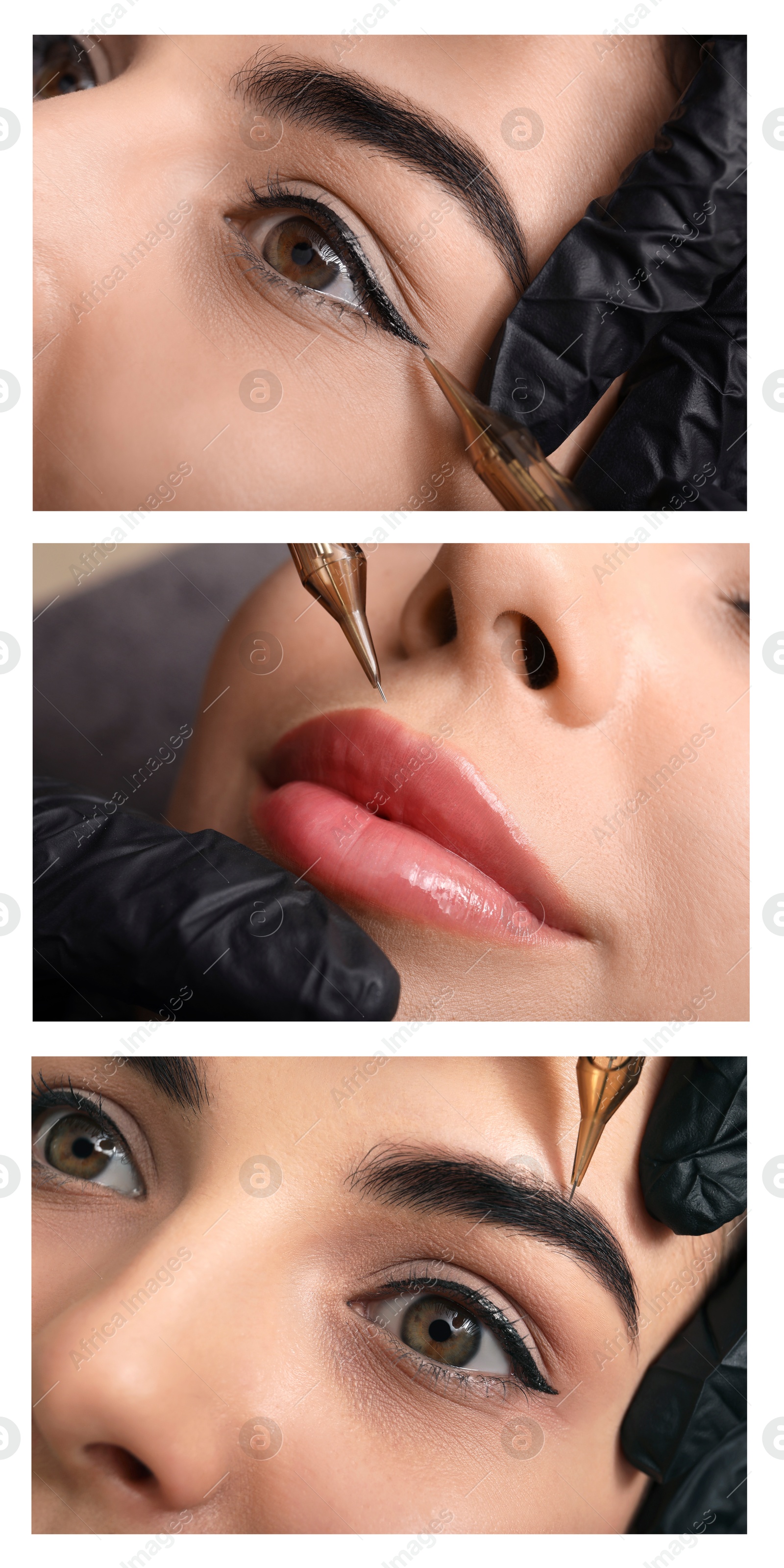 Image of Young woman getting permanent makeup on lips, eyes and eyebrows in beauty salon, collage