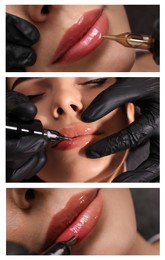 Image of Young woman getting permanent makeup on lips in beauty salon, collage