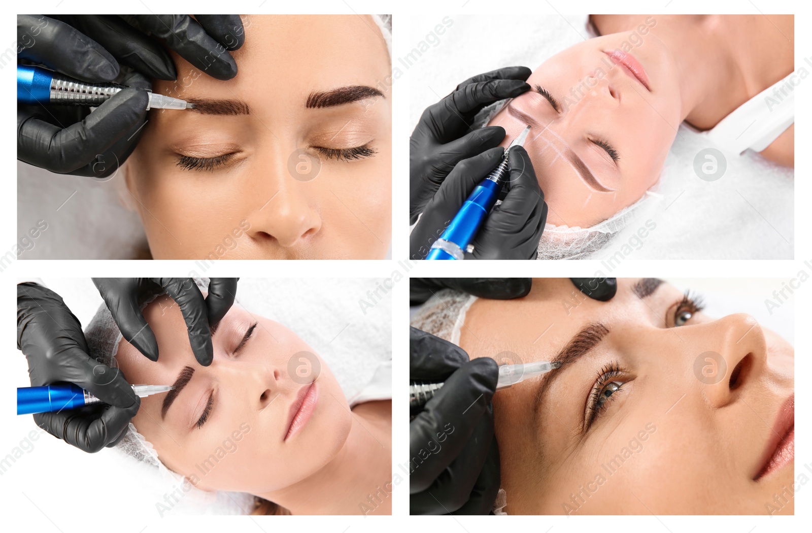 Image of Young woman getting permanent makeup on eyebrows in beauty salon, collage