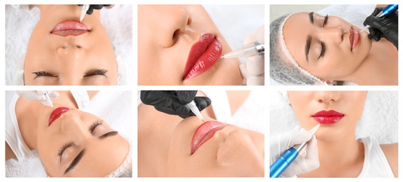 Image of Young woman getting permanent makeup on lips in beauty salon, collage