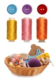 Image of Buttons, threads and wicker basket with different sewing stuff isolated on white