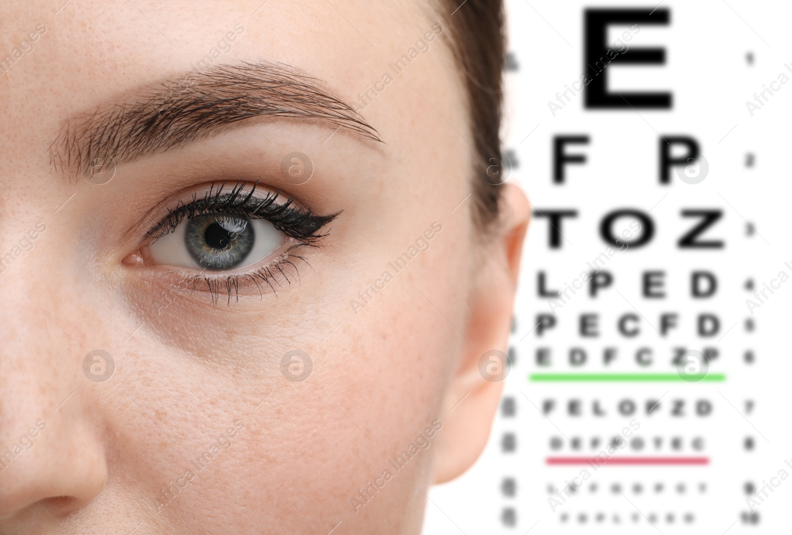 Image of Snellen chart and closeup of woman's eye, selective focus. Vision acuity test