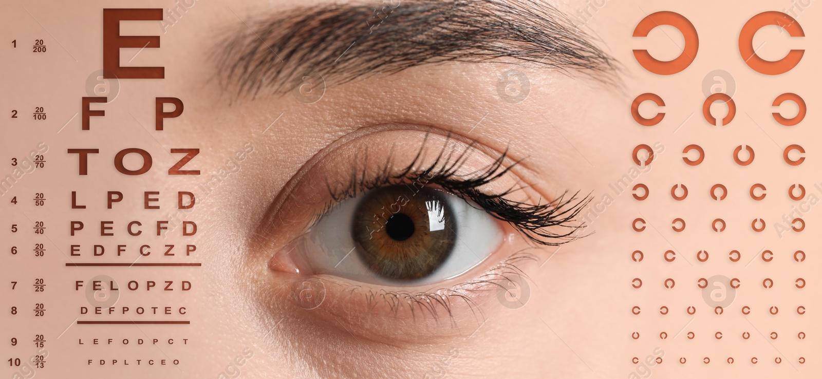 Image of Eye charts and closeup of woman's eye. Vision acuity test. Banner design