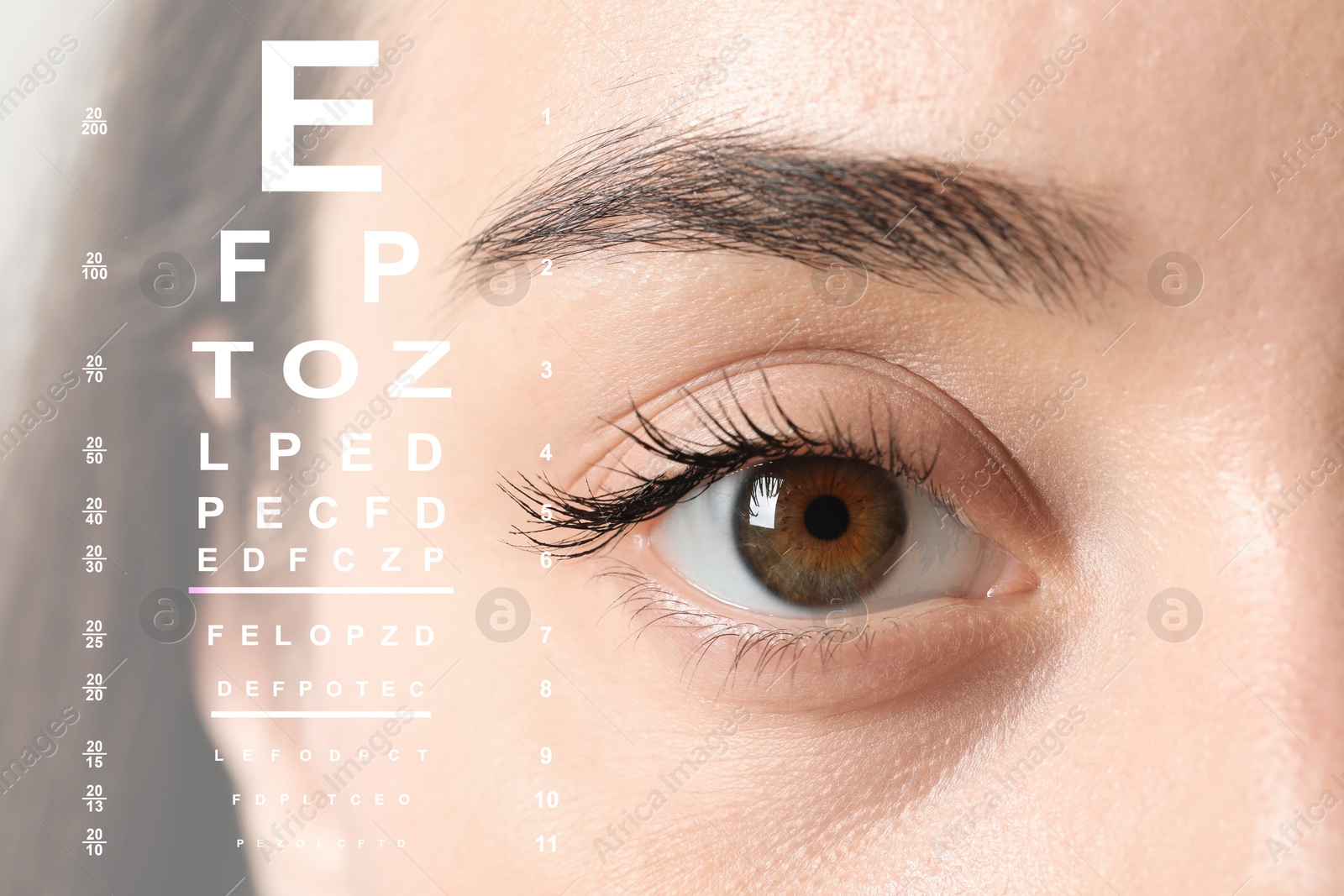 Image of Snellen chart and closeup of woman's eye. Vision acuity test