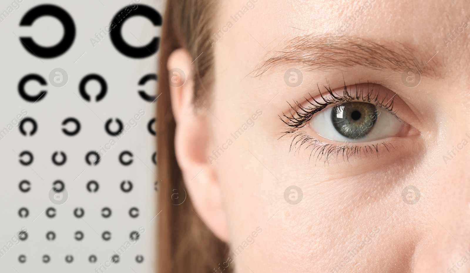 Image of Landolt ring chart and closeup of woman's eye, selective focus. Vision acuity test