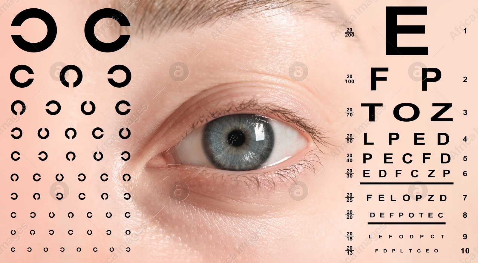 Image of Eye charts and closeup of woman's eye. Vision acuity test. Banner design
