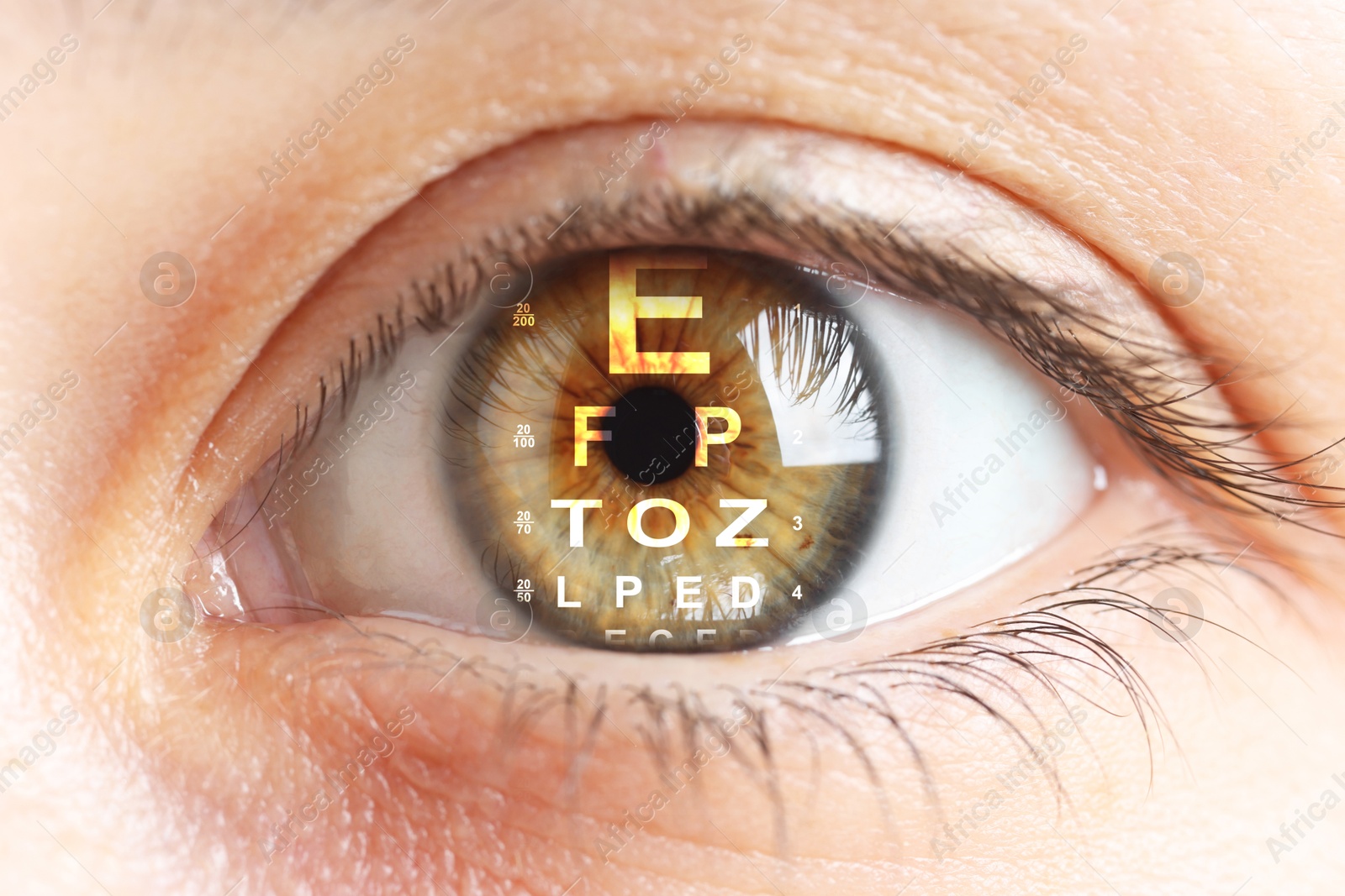 Image of Snellen chart in woman's eye, closeup. Vision acuity test