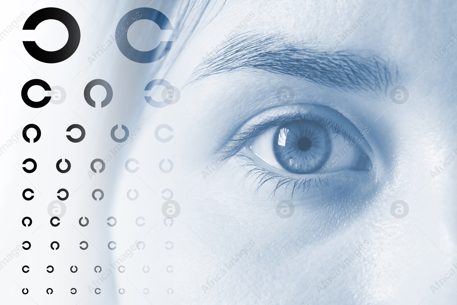 Image of Landolt ring chart and closeup of woman's eye, color toned. Vision acuity test