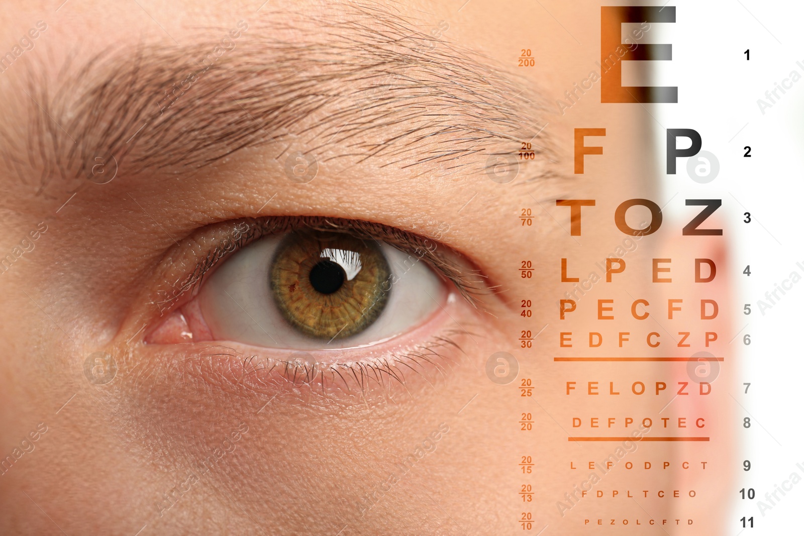 Image of Snellen chart and closeup of man's eye, double exposure. Vision acuity test