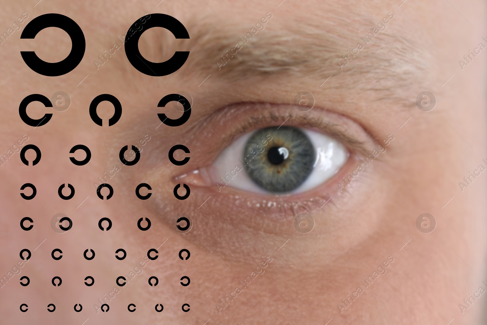 Image of Landolt ring chart and closeup of man's eye. Vision acuity test