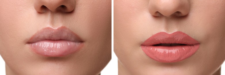 Permanent makeup. Collage with photos of woman before and after lip blushing, closeup